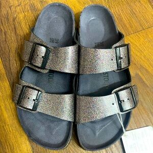 Birkenstock Arizona Sandal in Gray/Cosmic Sparkle Anthracite, BNWT, size 8-8.5